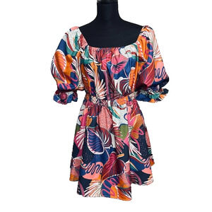 Fantastic Fawn Tropical Floral Puff Sleeve Pockets Mini Dress Large Boho Summer